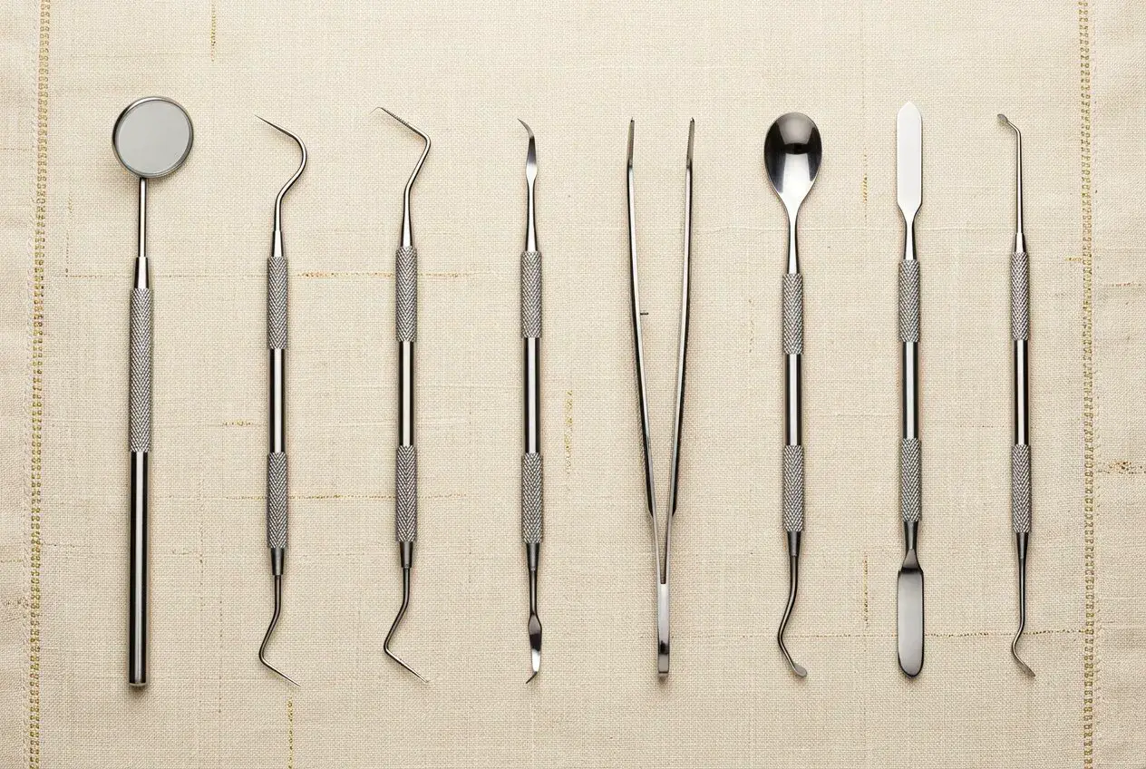 Dental instruments laid in a row on linen
