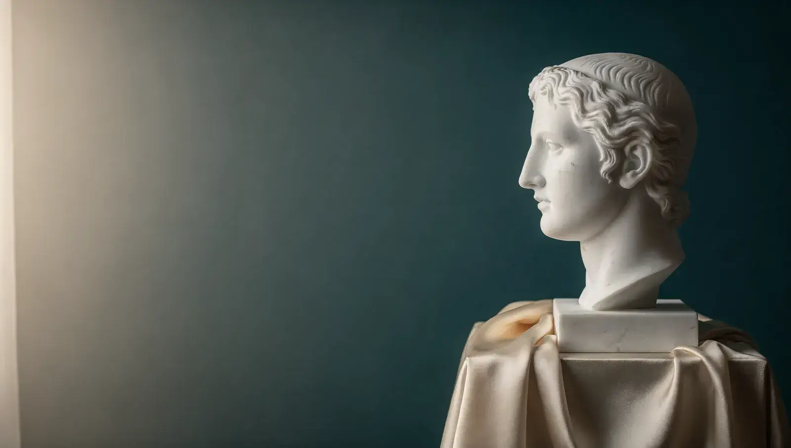 A classical white marble bust in profile on ivory silk against a deep petrol wall