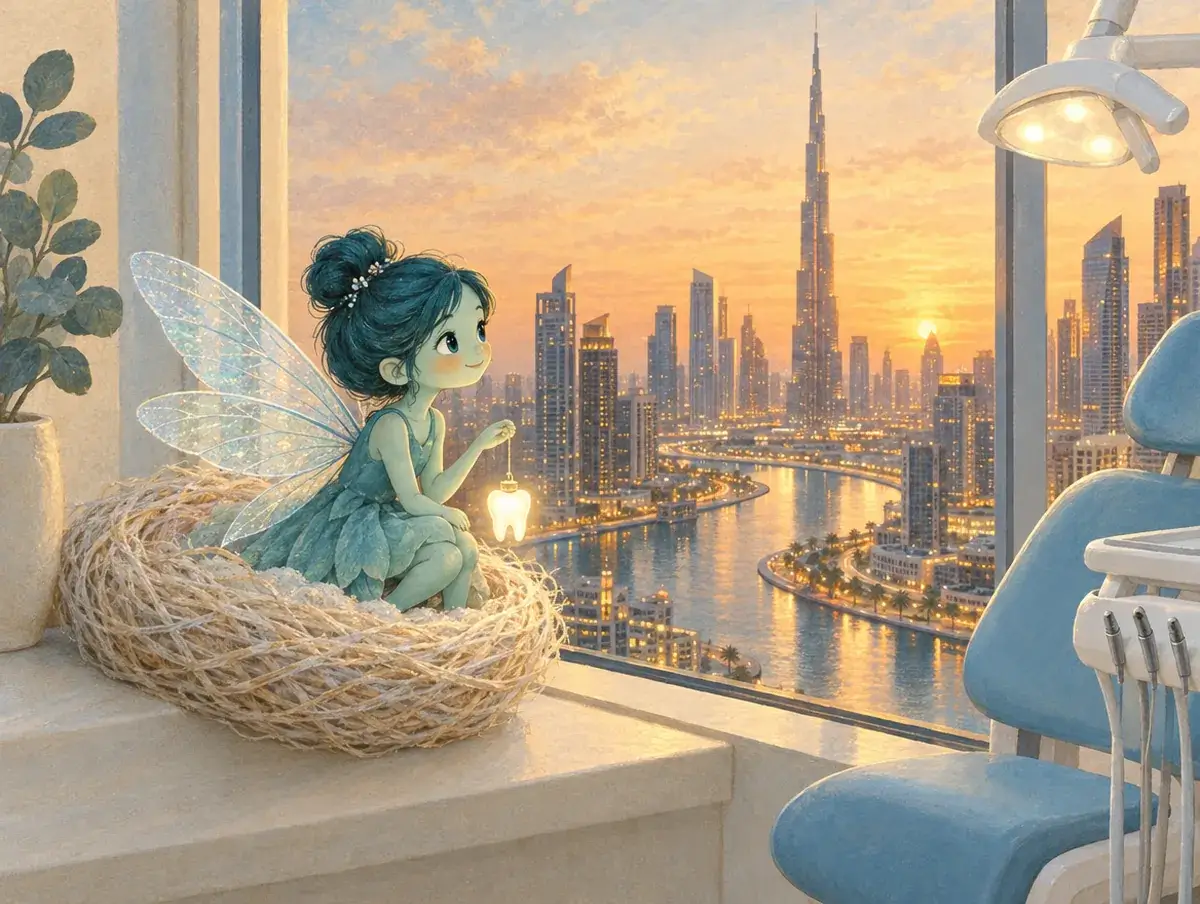 Toote, the clinic's small illustrated tooth fairy, in her nest on the window ledge with Business Bay behind her