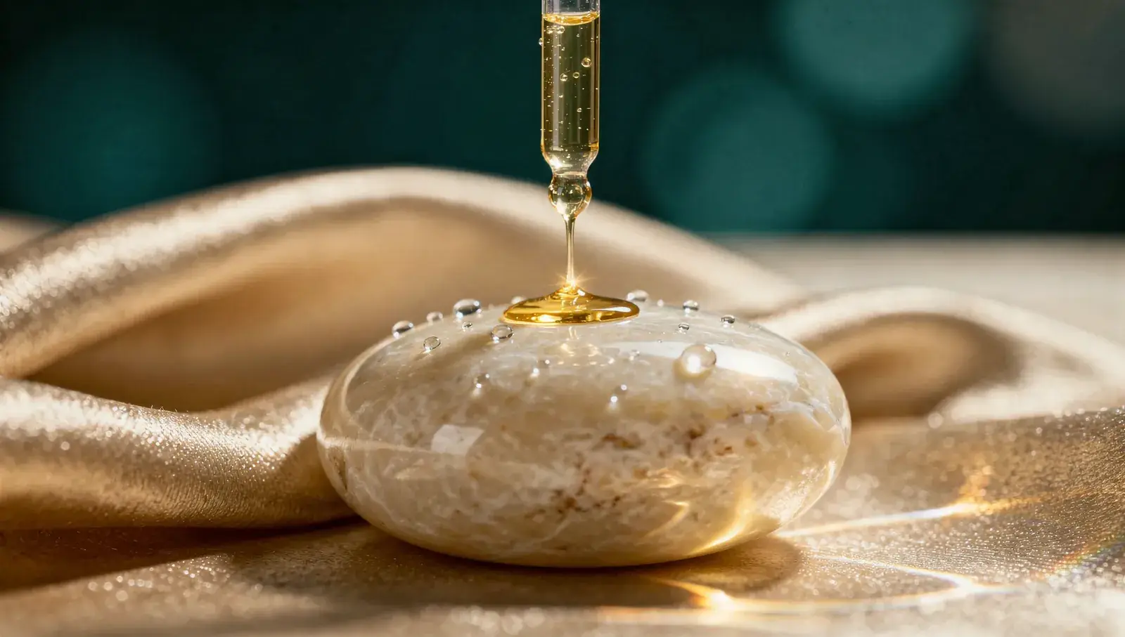 A drop of golden serum falling from a glass dropper onto a polished stone on satin