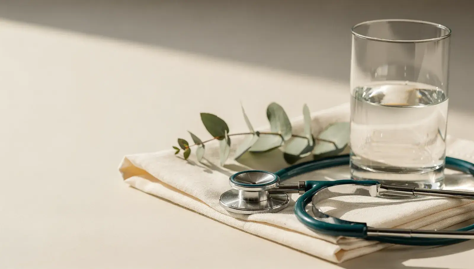 A stethoscope on folded linen beside a glass of water in morning light