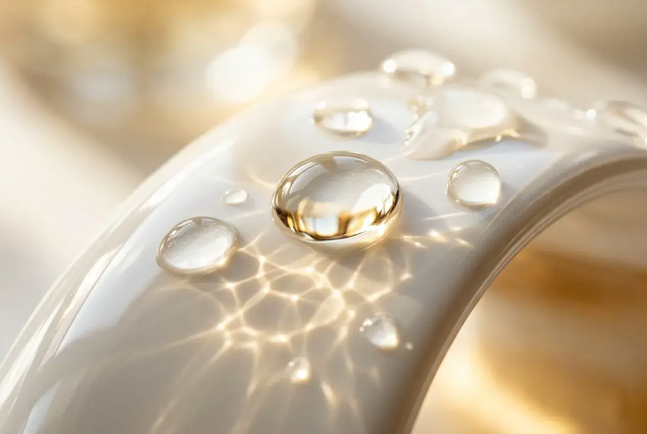 Water droplets and caustic light on a curved porcelain surface
