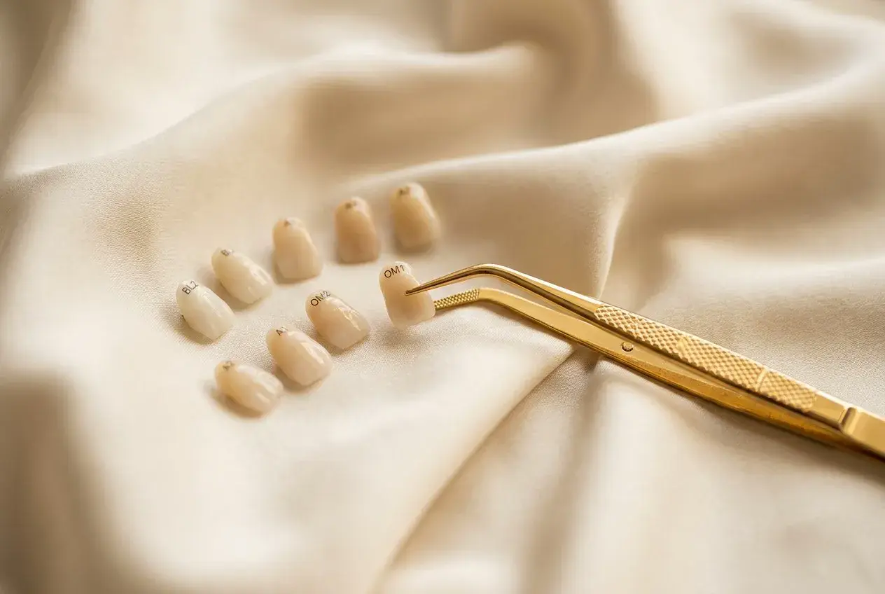 Porcelain veneer shade tabs laid on ivory silk beside gold tweezers
